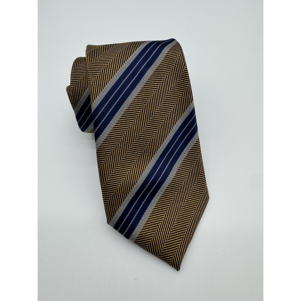 Bocara Men's Tie Gold Blue Striped Herringbone Polyester Classic Necktie